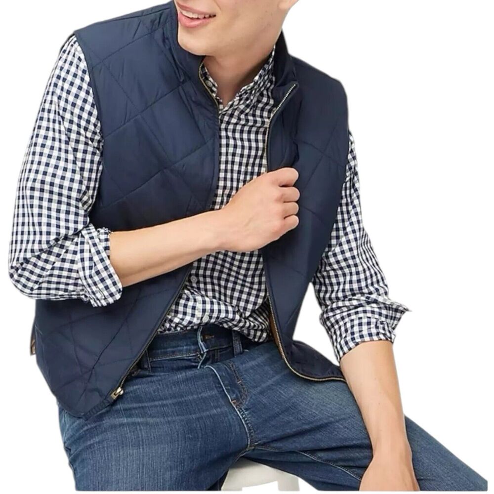 J Crew Vest Mens XL Blue Quilted Walker Full-Zip Equestrian Preppy Outdoors